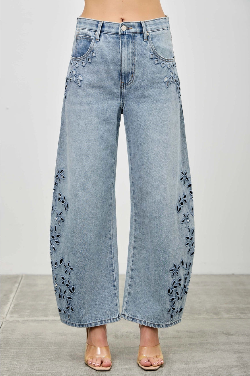 Talia Floral Cutout Barrel Jeans