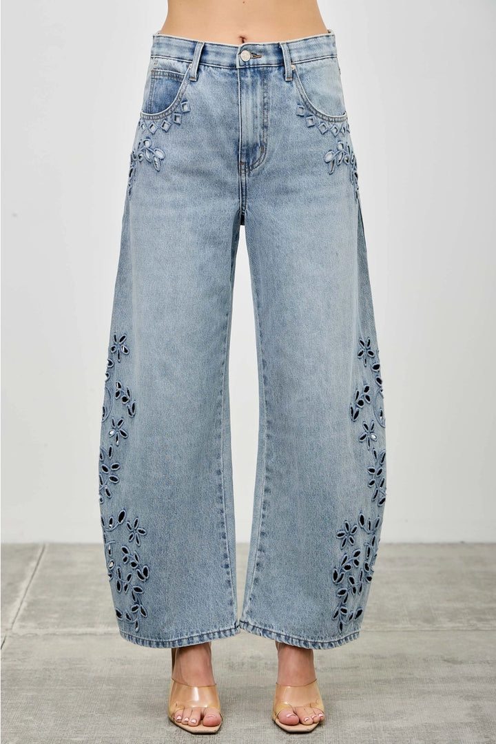 Talia Floral Cutout Barrel Jeans