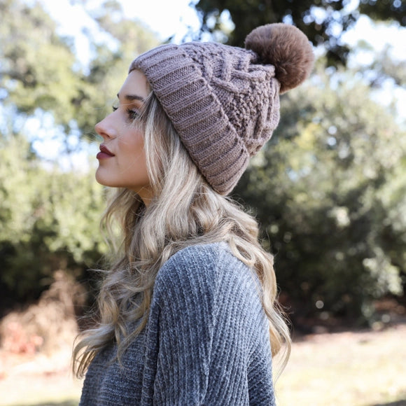 Canily Cable Knit Pom Beanie with Thermal Lining