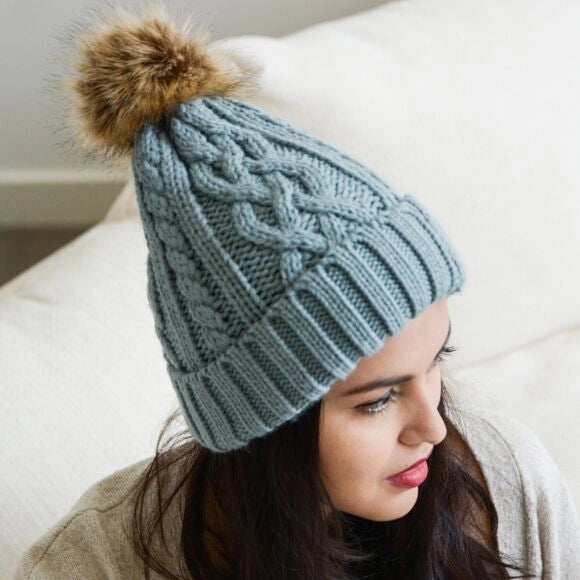 Belory Cable Knit Beanie with Faux Fur Pom