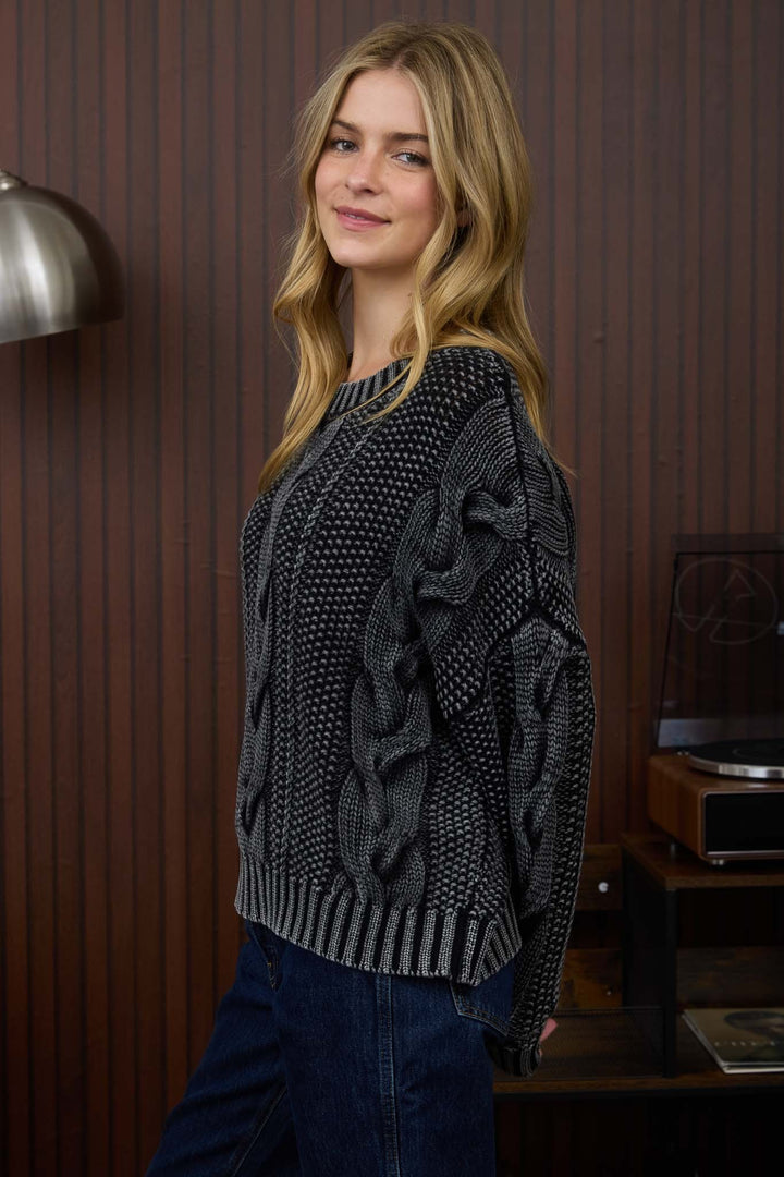 Danika Washed Cable Knit Pullover Sweater