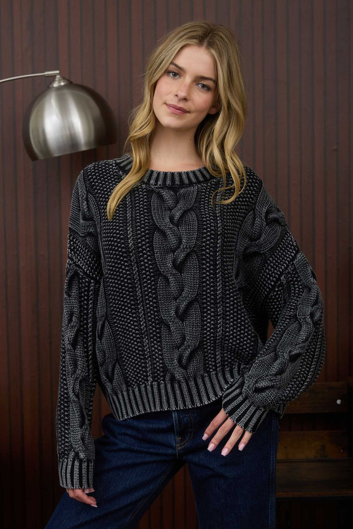 Danika Washed Cable Knit Pullover Sweater