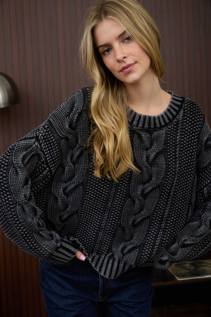 Danika Washed Cable Knit Pullover Sweater