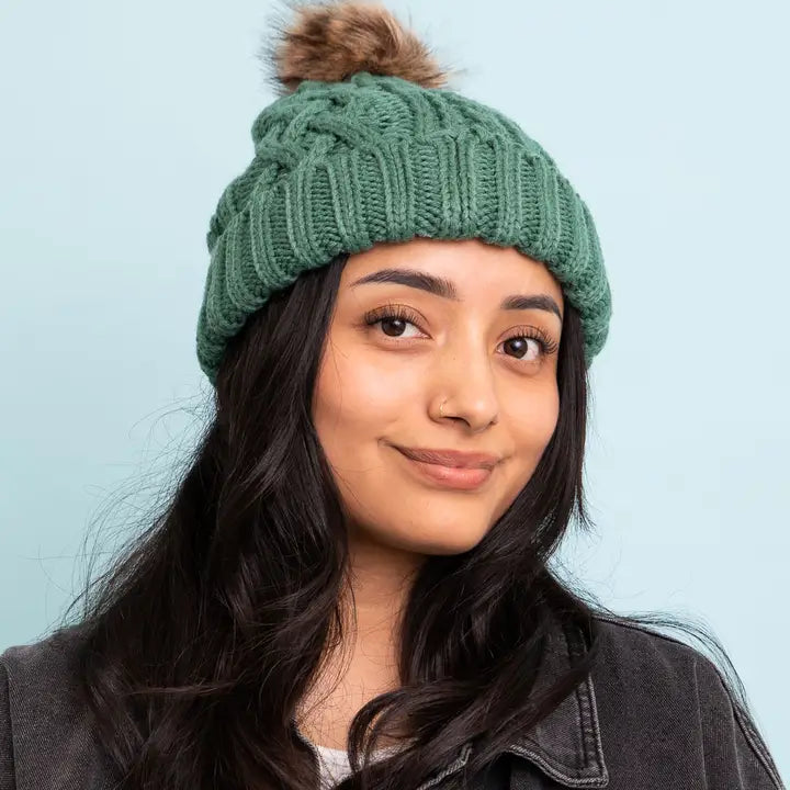 Belory Cable Knit Beanie with Faux Fur Pom