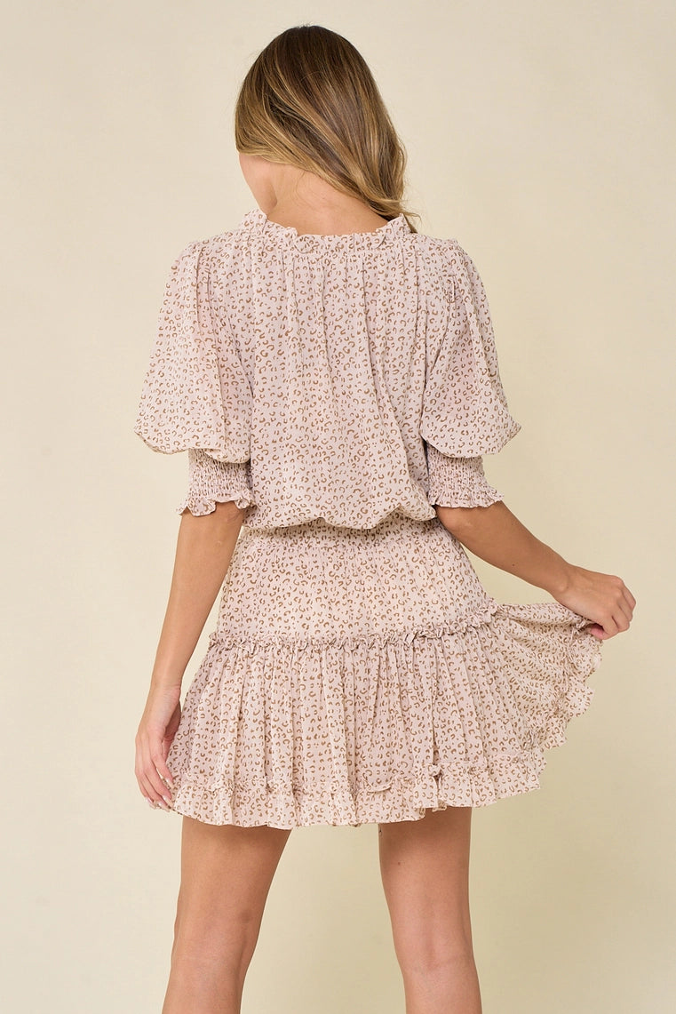Katniss Taupe Printed Smocking Ruffle Dress