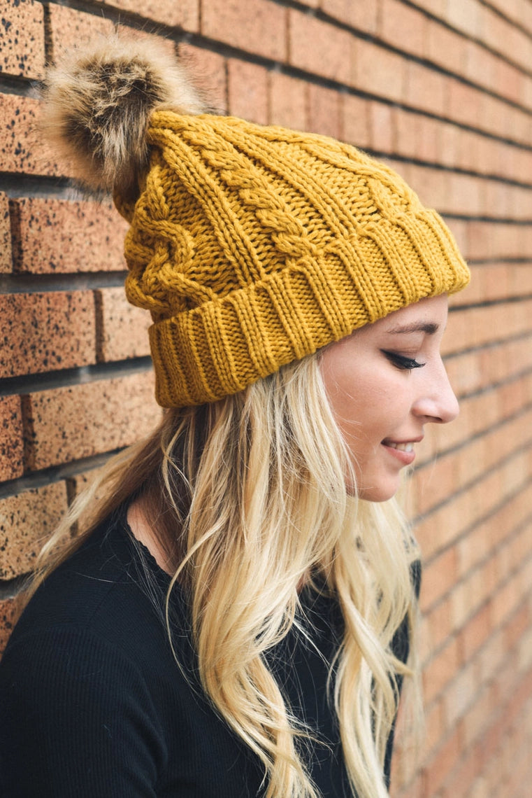 Belory Cable Knit Beanie with Faux Fur Pom