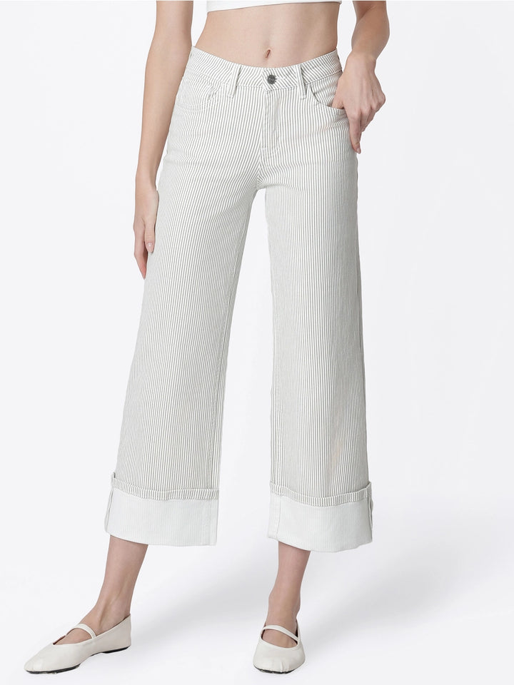 Greer Pinstripe Cuffed Wide Leg Jeans