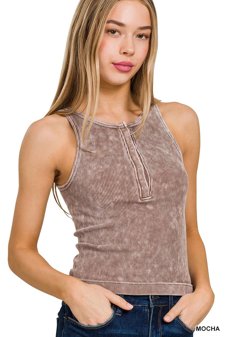 Delara Washed Ribbed Button-Up Tank