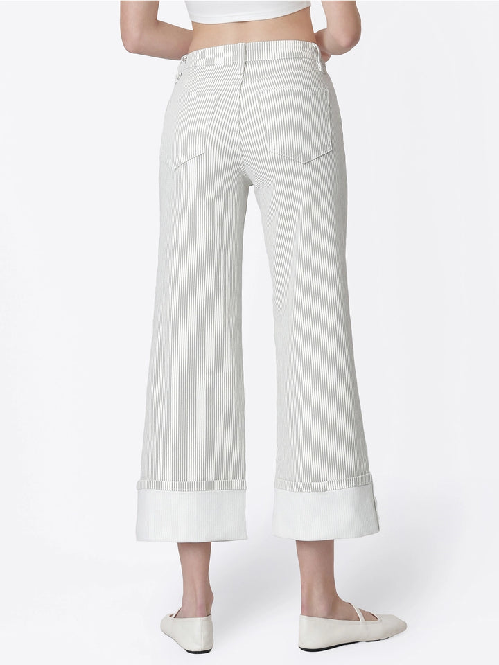 Greer Pinstripe Cuffed Wide Leg Jeans