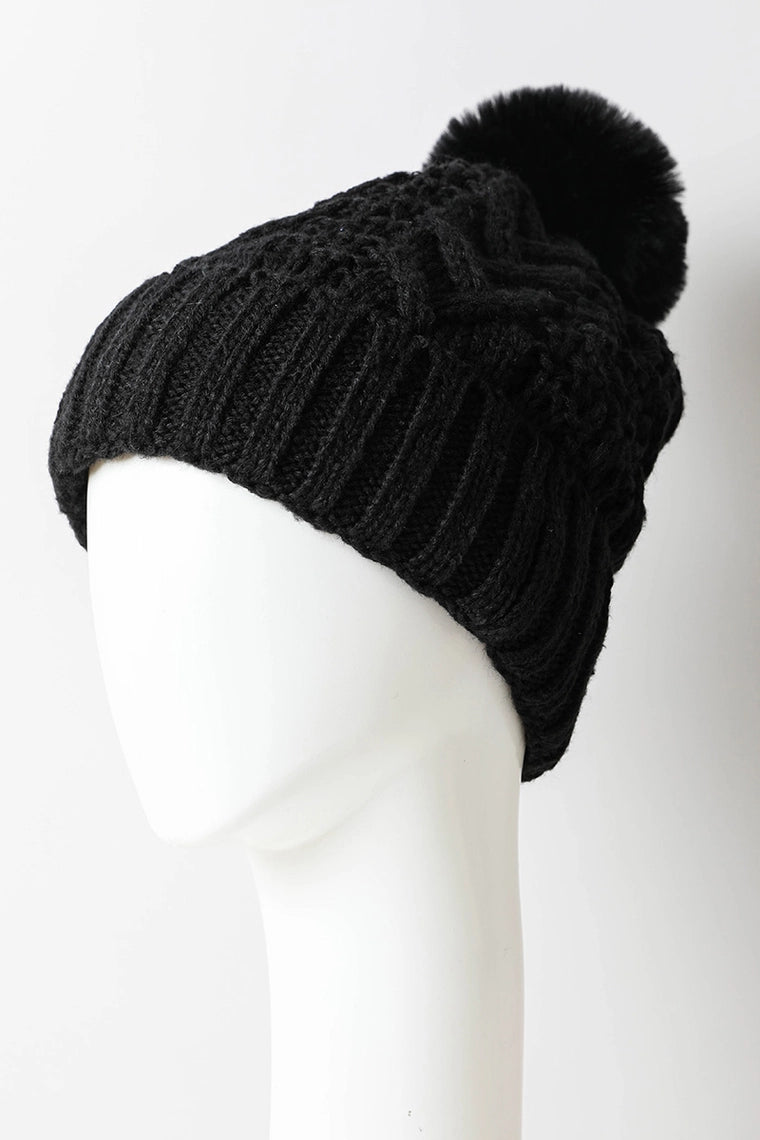 Canily Cable Knit Pom Beanie with Thermal Lining