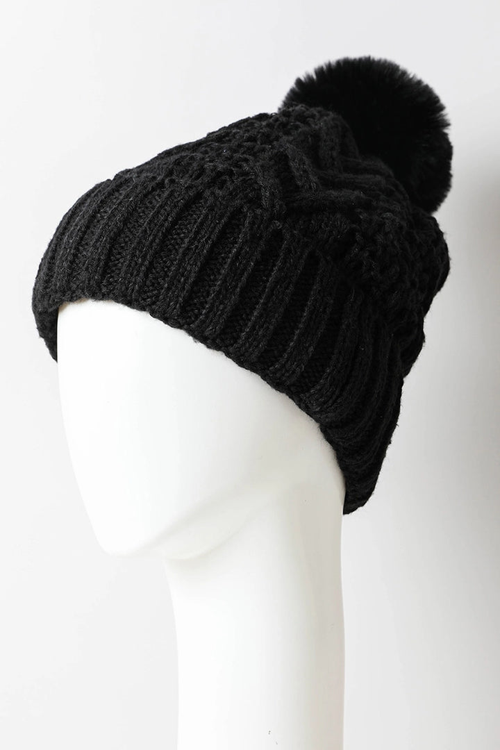 Canily Cable Knit Pom Beanie with Thermal Lining