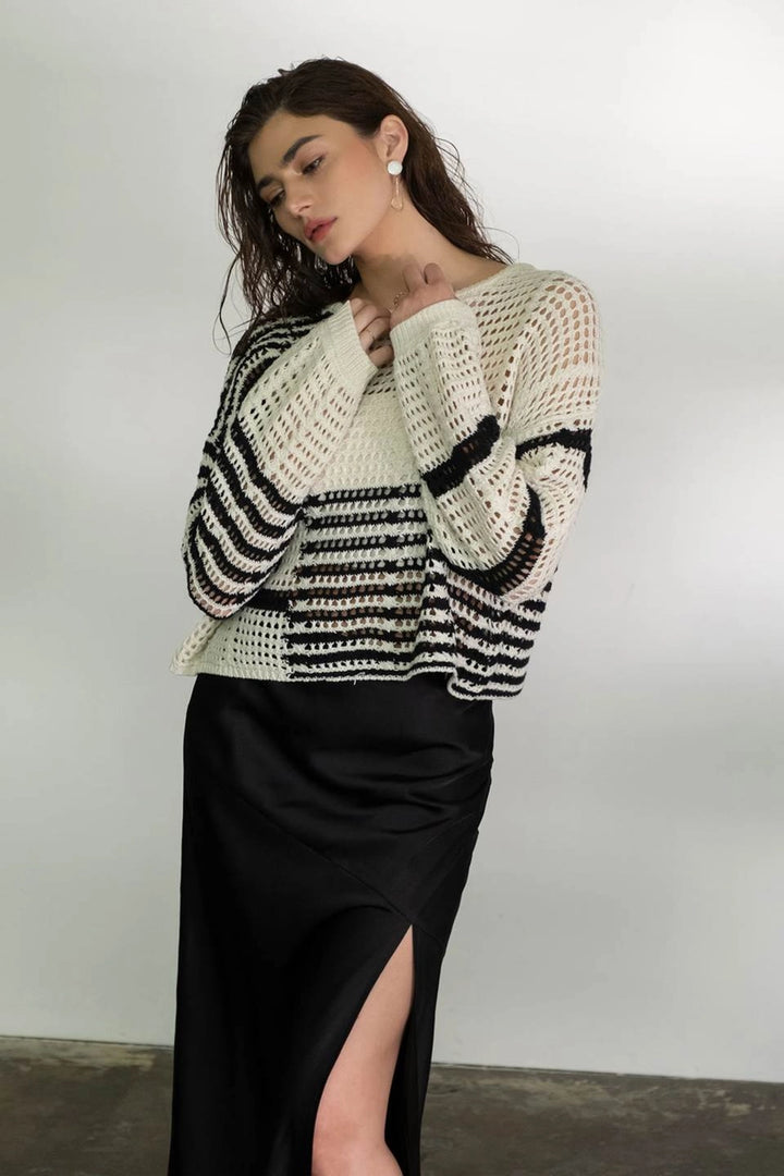 Ember Stripe Crochet Sheer Knit Sweater