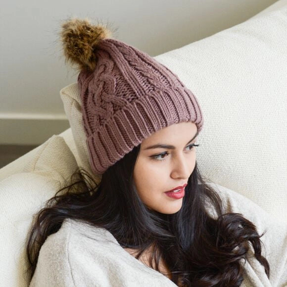 Belory Cable Knit Beanie with Faux Fur Pom