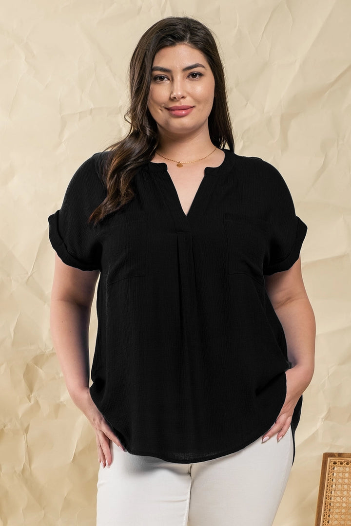 Ariella Cuffed Sleeves Woven Top - Extended Sizes
