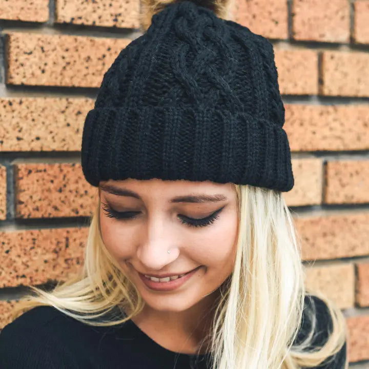 Belory Cable Knit Beanie with Faux Fur Pom