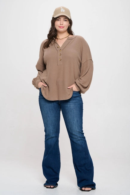 Vilah Vneck Half Button Long Sleeve Top