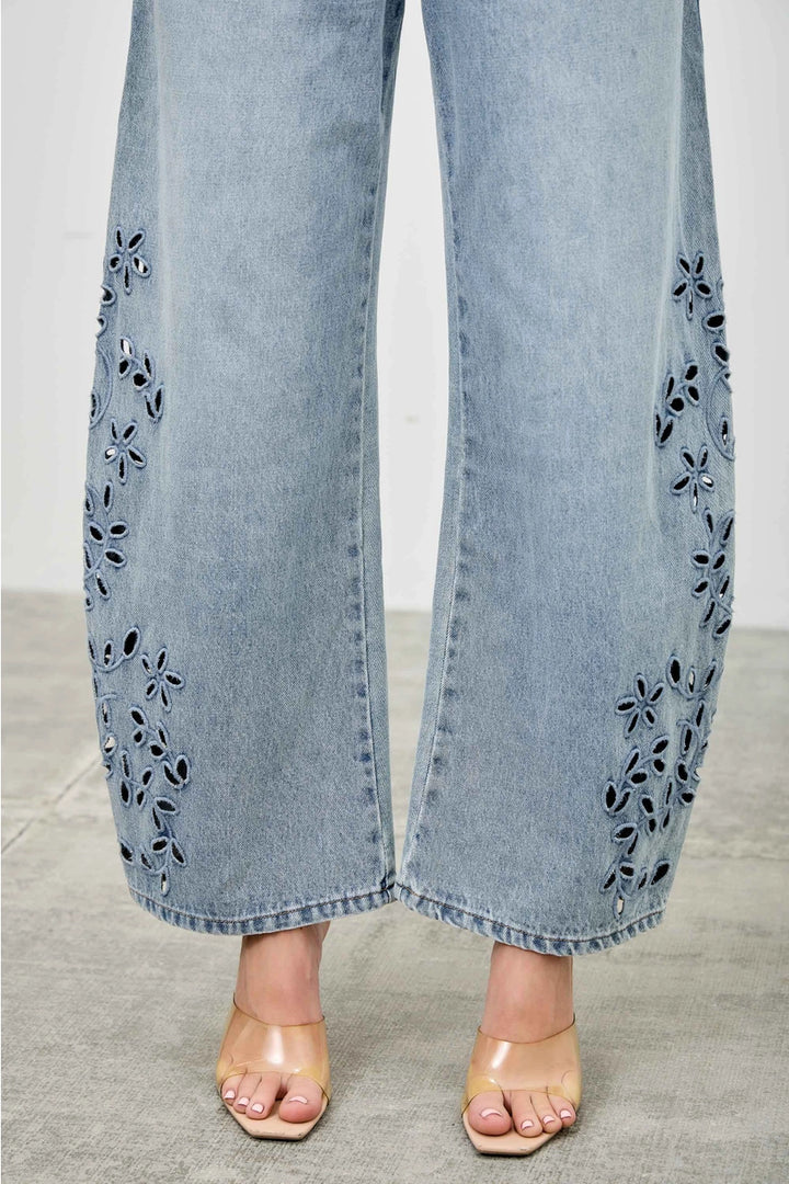 Talia Floral Cutout Barrel Jeans
