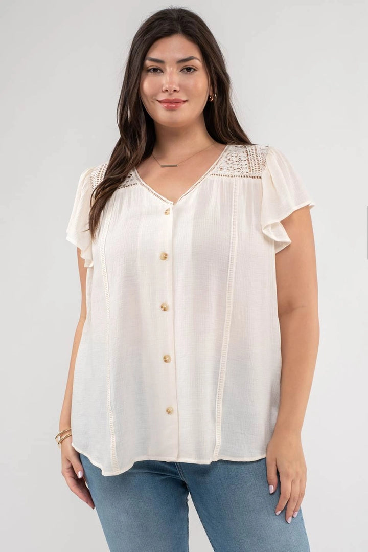 Emryn Eyelet Yoke Ruffle Sleeve Top - Extended Sizes