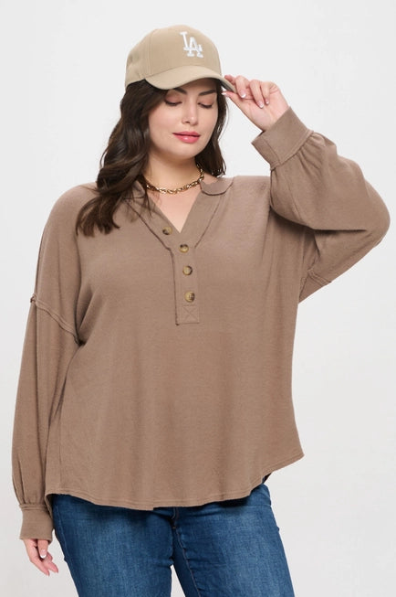 Vilah Vneck Half Button Long Sleeve Top