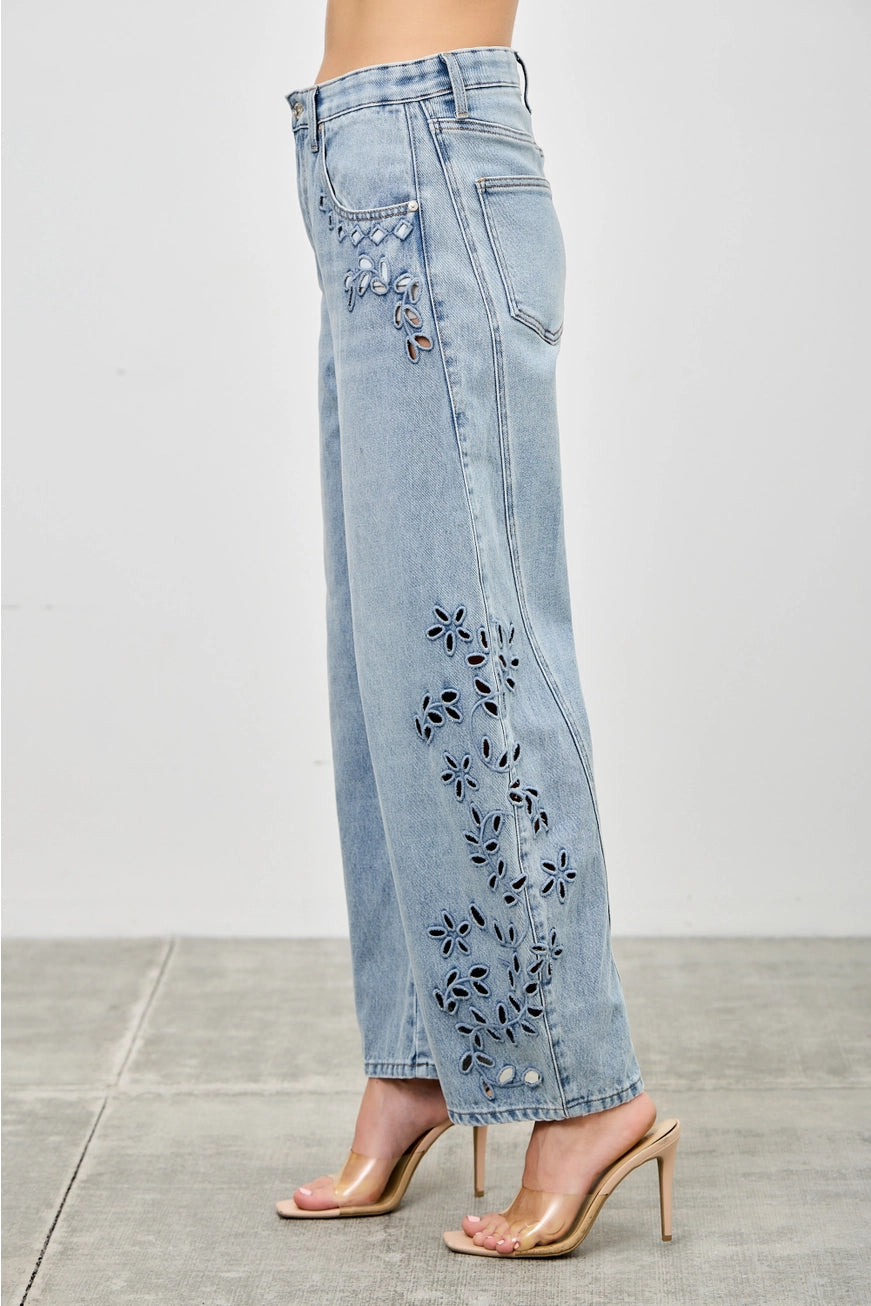 Talia Floral Cutout Barrel Jeans