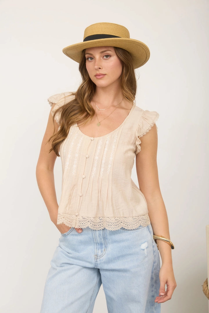 Isolde Lace Trim Pintuck Top
