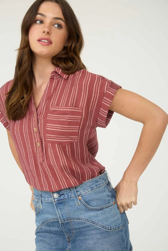 Jordana Stripe Half Button Collared Short Sleeve Shirt