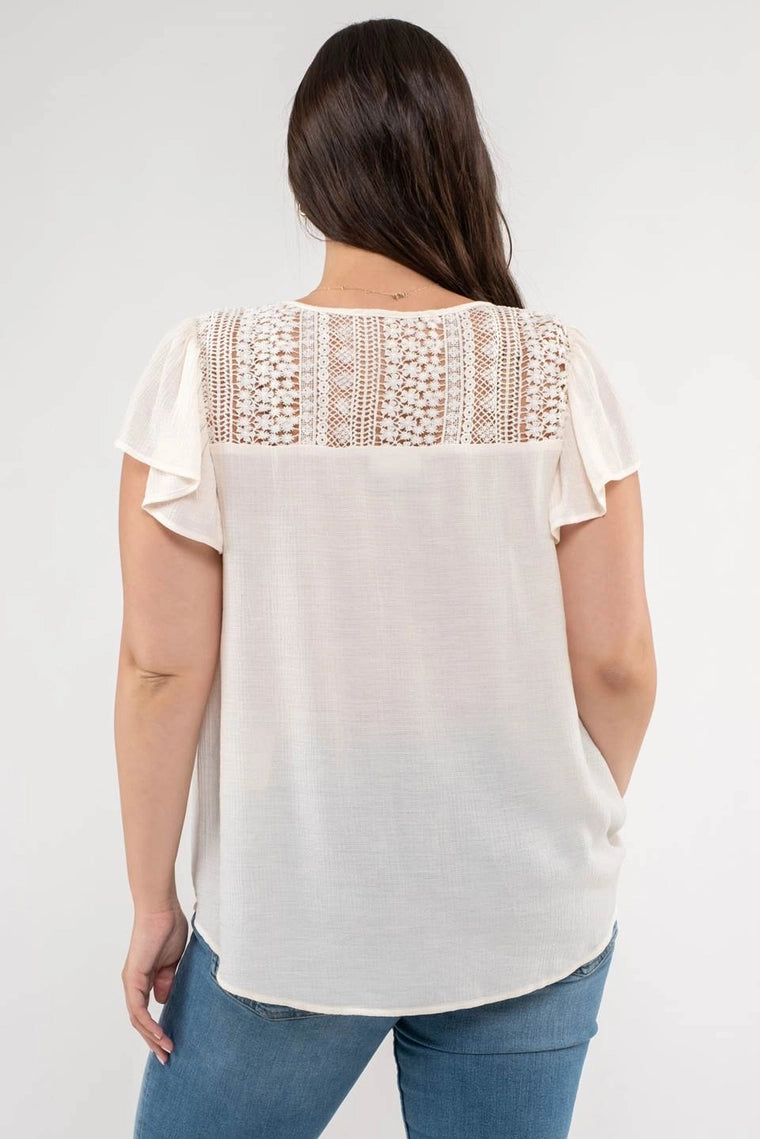 Emryn Eyelet Yoke Ruffle Sleeve Top - Extended Sizes