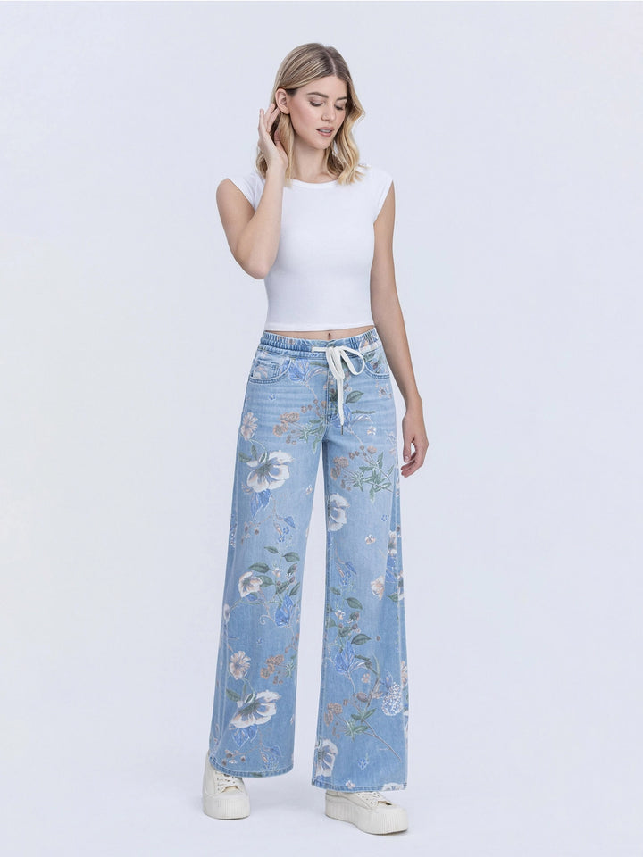 Whitney Floral Drawstring Wide Leg Jeans